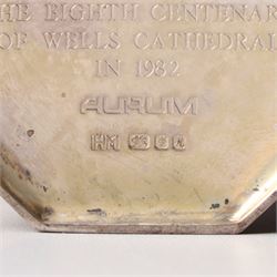 Elizabeth II silver and parcel gilt Wells Cathedral goblet by Hector Mills for Aurum , limited edition commemorating the eighth centenary in 1982, 79/800 with pierced figural stem H17cm