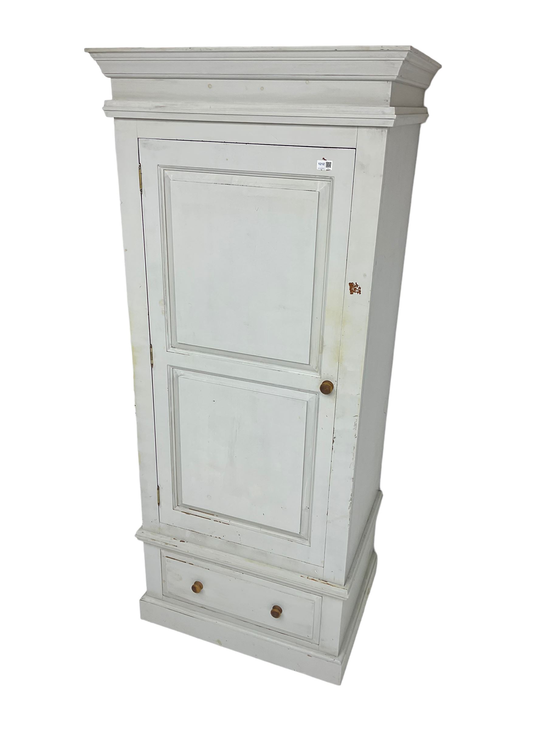 Painted pine single wardrobe, projecting cornice over panelled door, fitted with single drawer to base