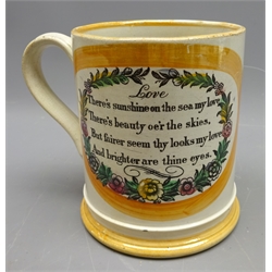  Victorian Sunderland Lustre Frog mug printed with ships portrait of a Hull Whaling Ship & inscribed 'Truelove from Hull'  'There's sunshine....and brighter are thine eyes', within orange borders, H12cm. Note:The 'Truelove' was built in Philadelphia in 1764 and came into English hands during the American War of Independence where she had been used as a privateer. She was sold to John Voase, a wine merchant and ship owner in Hull, and was converted into a whaling ship.   The 'Truelove' made over 80 voyages, killing over 500 whales as well as seals, walruses, narwhals and polar bears. The 'Truelove' also brought wine from Oporto and for 9 years she engaged in general trade with the Baltic ports. In 1835 the 'Truelove' was one of a fleet trapped in ice in Melville Bay, Greenland. Twenty of the fleet were crushed but 'Truelove' survived unharmed. Captain Wells described her as 'handy as a cutter, safe as a lifeboat, and tight as a bottle'. The 'Truelove' was the last of the Hull whalers and sailed alongside the steam powered whaling vessels in the 1850's and 60's. In 1873 she travelled to her home port of Philadelphia and was presented with a flag in honour of her 'birth' there 109 years earlier.  After her visit to Philadelphia there were calls to have her made into a floating museum but this never came about and she ended her days as a bulk on the Thames before she was finally broken up in the late 1890's. The 'Truelove' was in use for over 130 years, outliving all other vessels of her class who were built at the same time   