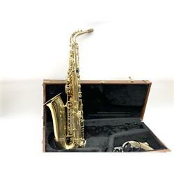 Trevor J. James & Co. 'The Horn' brass alto saxophone, serial no.T04498, H68cm in fitted carrying case
