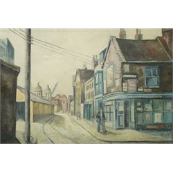 Paul S Robinson (British Mid-20th century): Figures on a Street in Hull, oil on canvas sig...