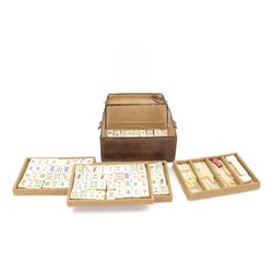 20th century Chinese Mahjong set, with five trays containing bone counters and tiles, cont...