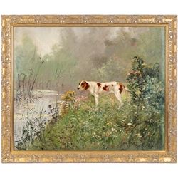 Émile Charlet (Belgian 1851-1910): Setter at the Riverside, oil on canvas laid on to board signed 59cm x 72cm