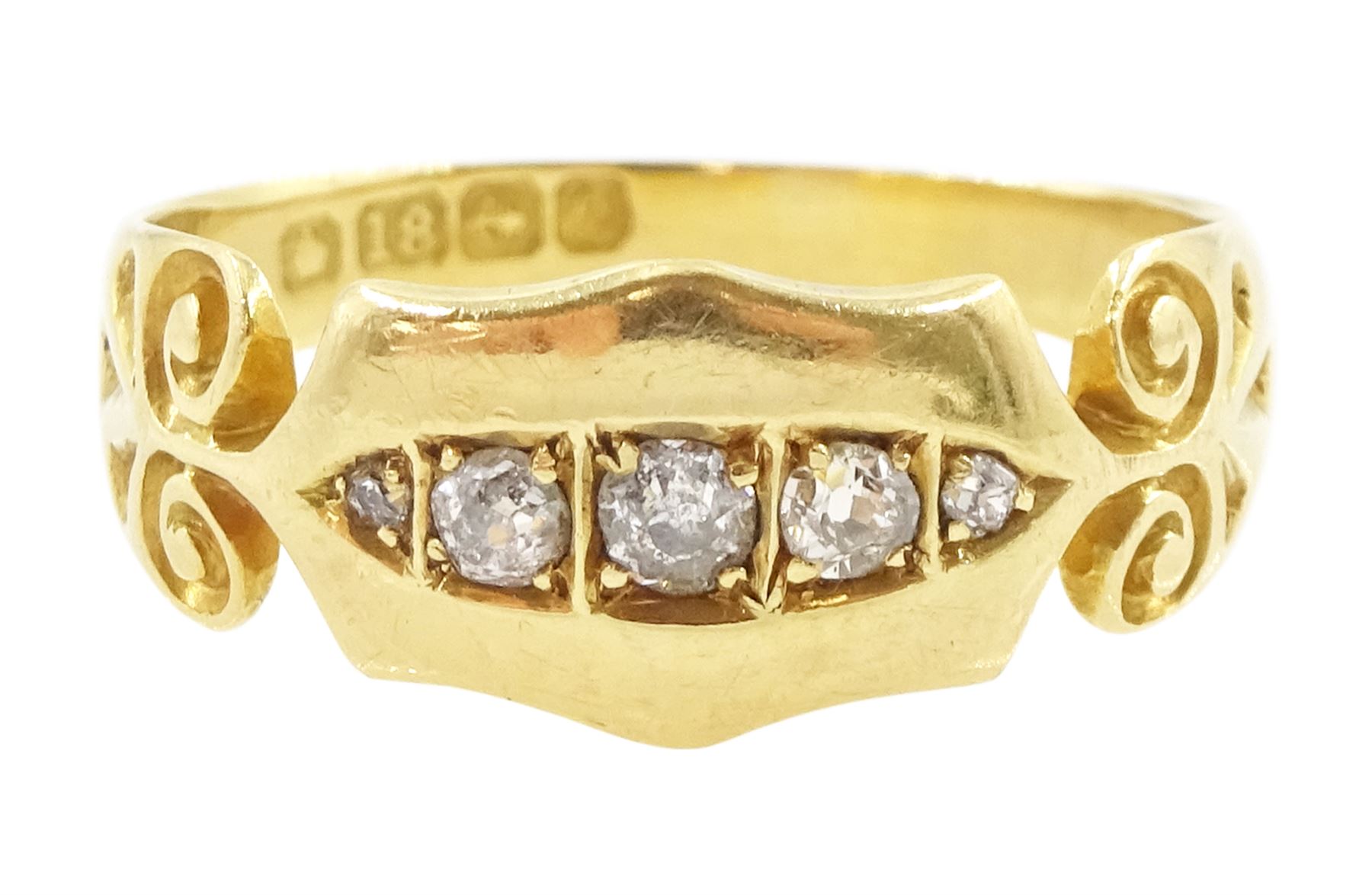 Edwardian 18ct gold, five stone old cut diamond ring, with scroll design shoulders, Birmingham 1904