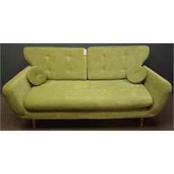  'Verbena' three seat sofa by 'Wildon Home' upholstered in lime green fabric, two matching cushions, tapered beech supports W190cm, D82cm  