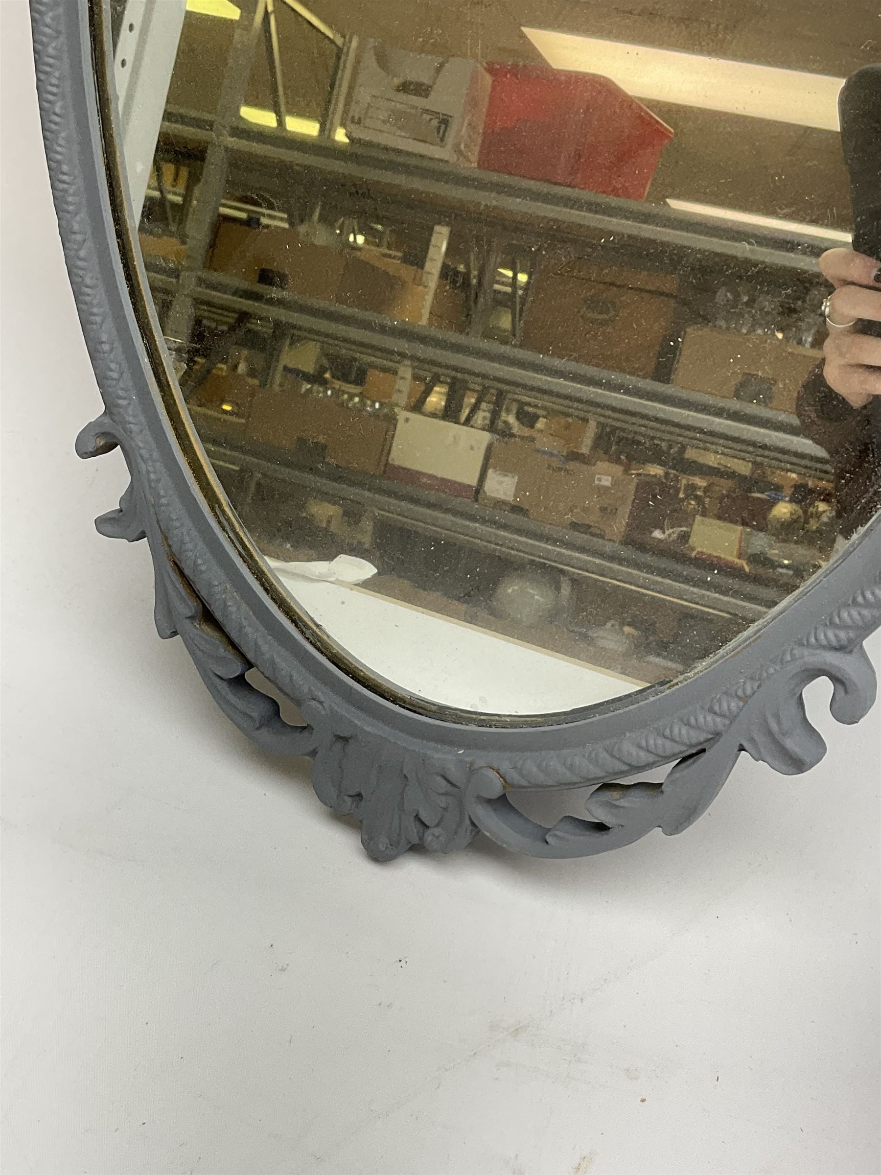 Oval ornate grey mirror, H68cm