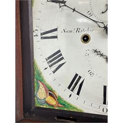 Samuel Ritchie of Forfar - William IV 8-day Scottish longcase clock in a mahogany case, with a swans neck pediment, brass paterae and three ball and spire brass finials, case and trunk inlaid with satinwood stringing on a plinth raised on decorative bracket feet, painted break arch dial depicting a costal scene to the break arch and conch seashells to the spandrels, Roman numerals, subsidiary seconds and date dials with matching steel hands, with a rack striking movement striking the hours on a bell. With weights, key, and pendulum.  Samuel Ritchie is recorded as working in Forfar 1800-37.