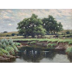 Reginald Aspinall (British 1858-1921): Sheep Grazing by a Stream, oil on canvas board sign...
