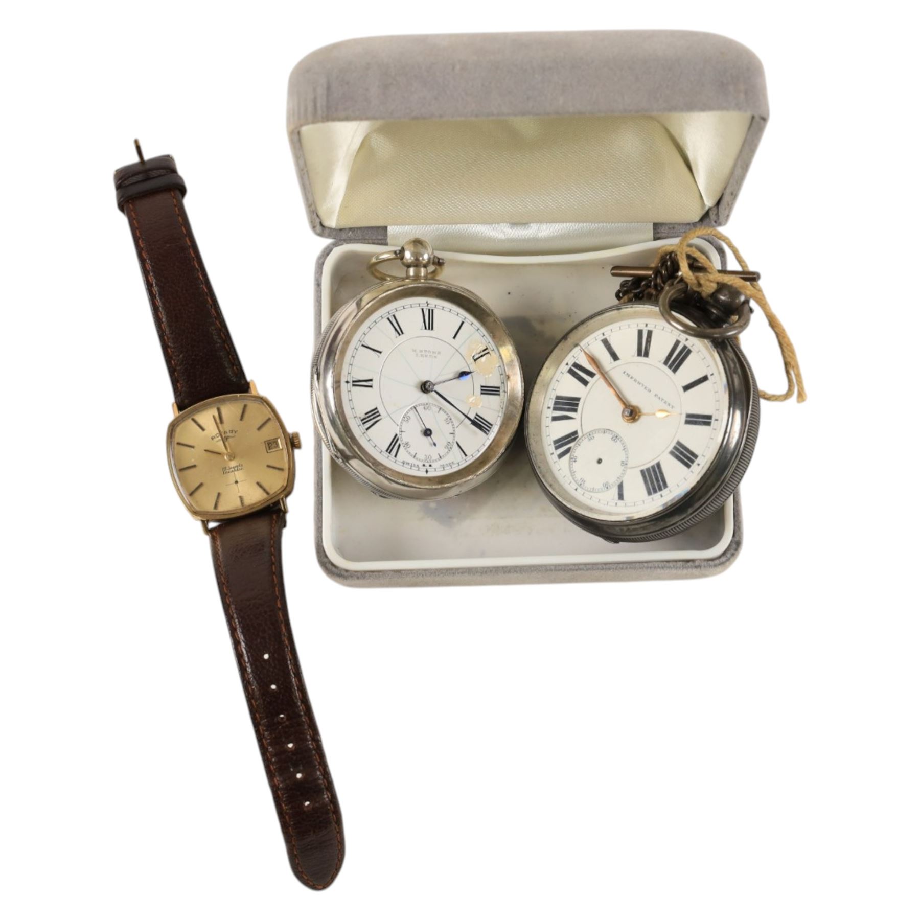 9ct gold cased Rotary wristwatch on leather strap and two silver cased pocket watches, both hallmarked 