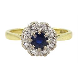 18ct gold round cut sapphire and round brilliant cut diamond cluster ring, stamped