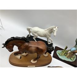 Beswick Spirit of Earth, matt brown, on wooden plinth, model no 2914, Beswick Spirit of the Wind, matt white, on a wooden plinth model no 2688, together with Country Artists Shire Gelding, and barn owl on post, plus six other figures.
