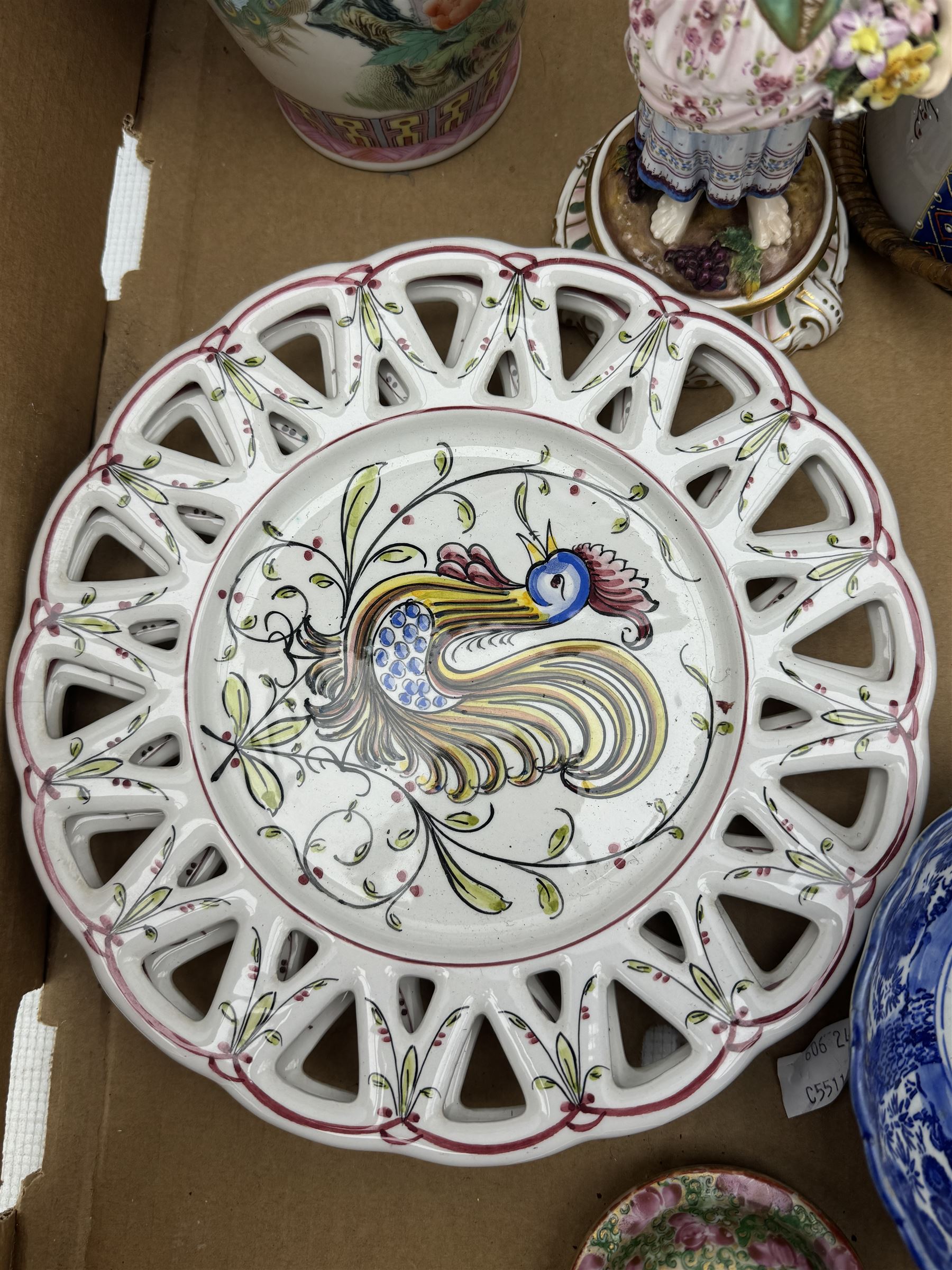 19th century figural candelabra by John Bevington, H29cm, modern Chinese vase with printed decoration, Japanese blue and white bowl, two Portuguese plates etc in one box