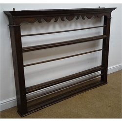  Country made oak and pine three tier plate rack with shaped frieze, W158cm, H115cm, D17cm  