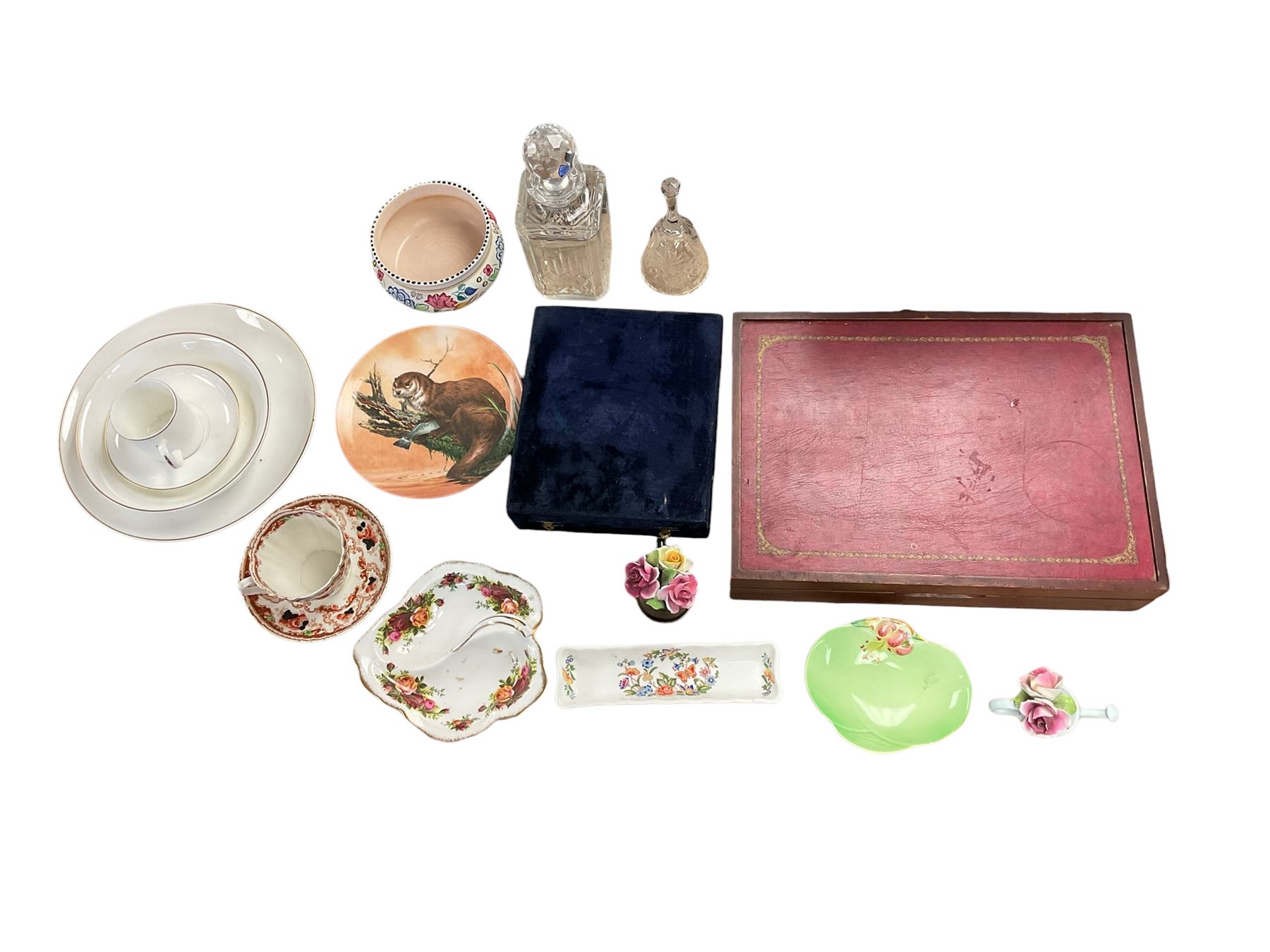 Oneida canteen, together with silver plated goblets, Poole dish, glass decanter and other collectables 