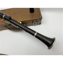 Buffet Crampon Paris African blackwood four-piece clarinet with nickel fittings, impressed 'BCPB 1937', multiple stamps for 'Macdonough & Son Sole Agent London' L67cm; in rexine covered case with two unused reeds. Biographical information: The Macdonagh family have links with the Royal Philharmonic Orchestra and are also reputedly linked with Thomas Macdonagh who was involved in the 1916 Irish uprising.