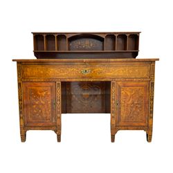 19th century inlaid walnut kneehole desk, raised back with pigeon holes, rectangular top over drawer and two cupboards, with floral and scrolling foliate inlays, kingwood banding