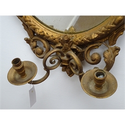  Ornate oval gilt frame Girandole mirror, two candle branches W50cm, H85cm  