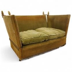 Mid-20th century Knoll style high back sofa, upholstered in olive green velvet with tassel fringe trim, sloped hinged arms and twin loose seat cushions, the frame surmounted by four finials