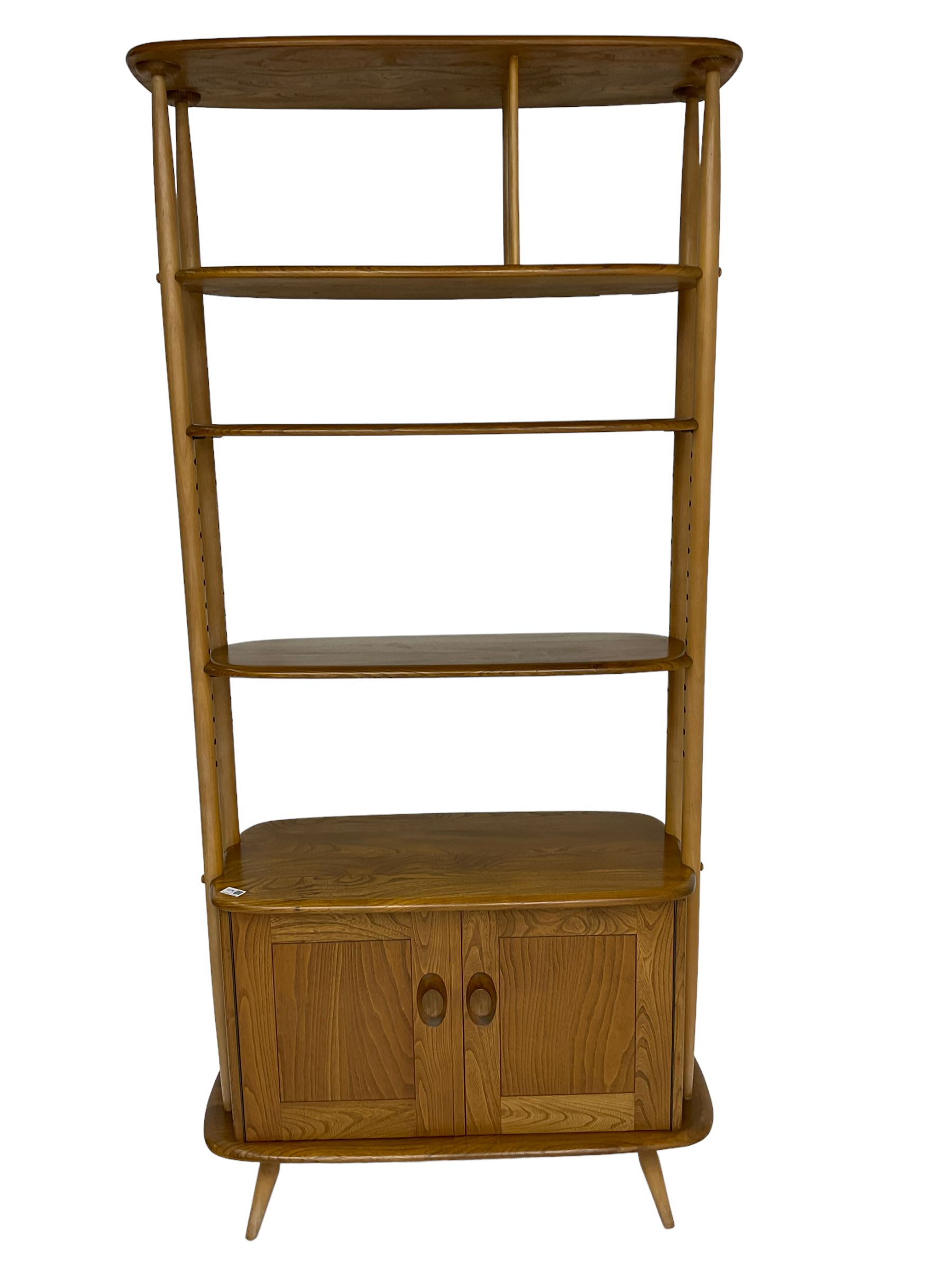 Ercol - 'Giraffe' elm and beech room divider, fitted with shelves and double cupboard