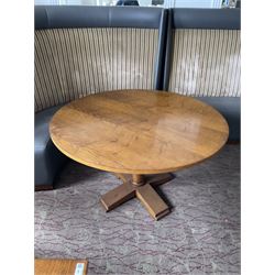 Set of three round (D125cm x H75cm), and one small round (D55cm x H49cm), walnut finish dining tables (4)- LOT SUBJECT TO VAT ON THE HAMMER PRICE - To be collected by appointment from The Ambassador Hotel, 36-38 Esplanade, Scarborough YO11 2AY. ALL GOODS MUST BE REMOVED BY WEDNESDAY 15TH JUNE.