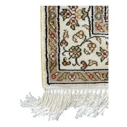 Finely knotted silk on silk ivory ground runner (L185cm,  W76cm), overall floral design together with a prayer rug (L94cm, W63cm)