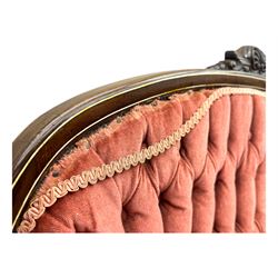 Edwardian inlaid rosewood parlour suite, comprising pair of tub shaped armchairs (W77cm, D69cm, H88cm); and matching two-seat sofa (W112cm, D69cm, H88cm), each with carved crest rails with shell motifs, deep button-tufted oval backs upholstered in pink fabric with braid trim, on cabriole supports