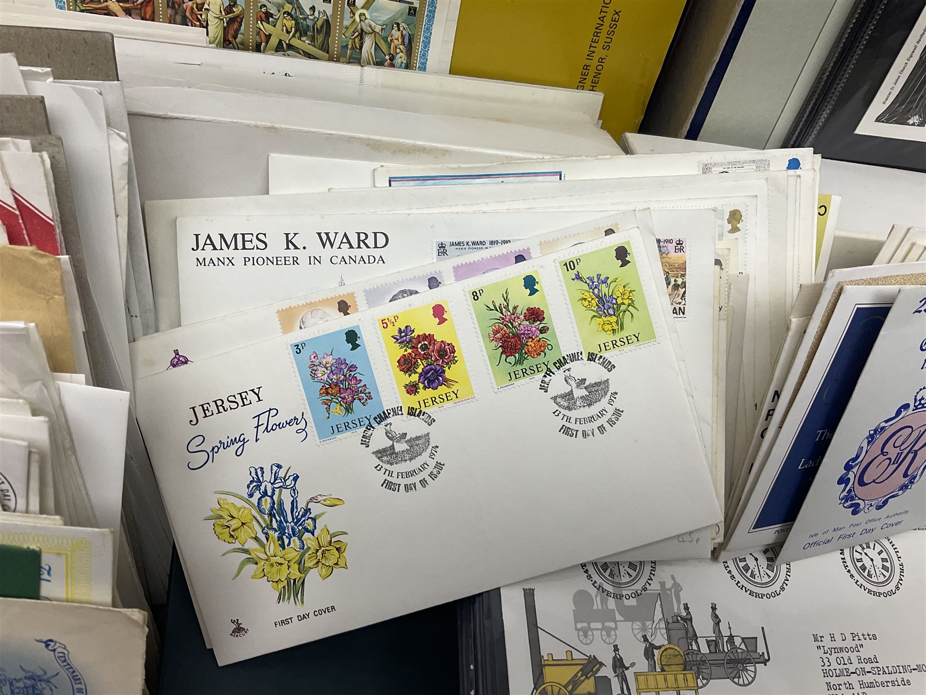 Stamps including Great British and Channel Islands first day covers, with various postmarks and genres, reference material etc, housed in various folders and loose, in one box