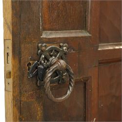 Mouseman - 1940s panelled and adzed oak front door with frame, iron rope twist handles, with carved mouse signature, by Robert Thompson of Kilburn 