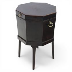 George III mahogany cellarette, of octagonal form with hinged top, brass handles and hinges, raised upon tapering supports