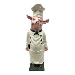 20th century painted cast iron door stop modelled as a pig chef, H58cm