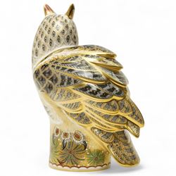 Royal Crown Derby Imari: Long Eared Owl, limited edition paperweight No 114 of 300, designed by Tien Manh Dinh signed by Hugh Gibson and with gold stopper and certificate H27cm