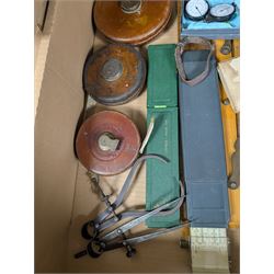 Three Rabone tape measures in leather cases, one with broad arrow, three map wheels, pair of Moore & Wright calipers, W Harling alidade in Whippy leather case with broad arrow and a collection of slide rules