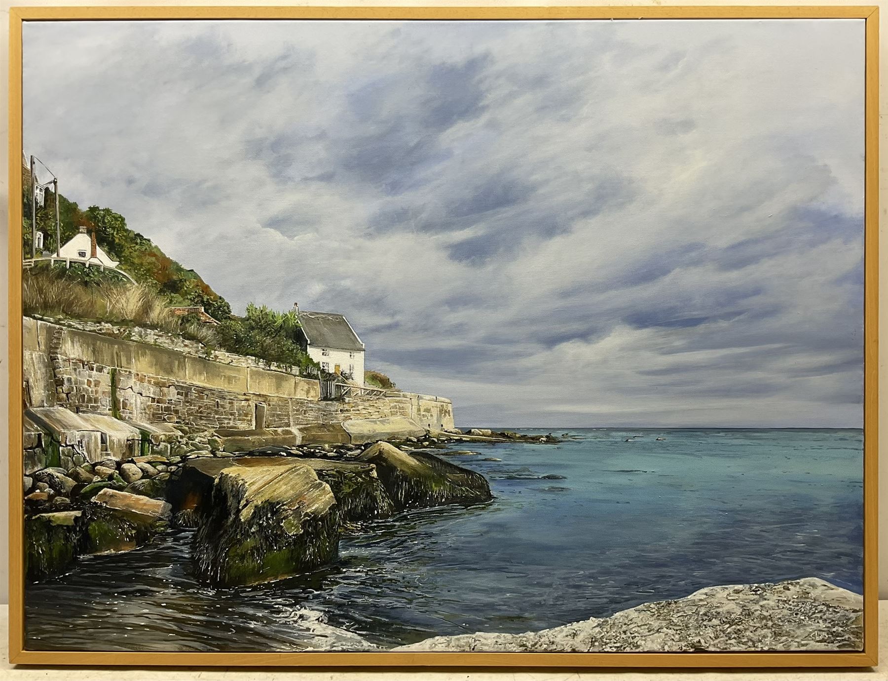 Gemma Watson (British Contemporary): Lady Palmer's Cottage Runswick Bay, acrylic on canvas signed, titled with artist's Studio Card verso 66cm x 101cm 