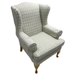 Multi-York - hardwood framed wingback armchair, upholstered pale blue lozenge pattern fabric, on light beech cabriole feet - 6 months old