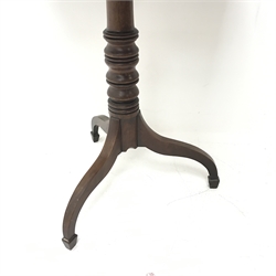 19th century mahogany pedestal table, single turned column on three shaped supports with spade feet, W61cm, H71cm, D52cm