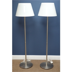  Pair burnished chrome standard lamps on circular bases with white tapered glass shades, H146cm (This item is PAT tested - 5 day warranty from date of sale)    
