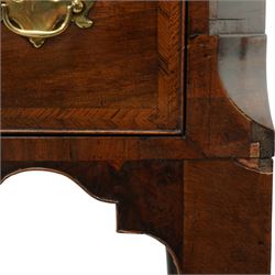 William and Mary design 18th century walnut and yew wood dresser or console table, rectangular canted top with feather banding and moulded edge, over two long and three short cock-beaded drawers, flanked by chamfered uprights above a shaped and cock-beaded apron, raised on six turned and tapering supports united by a shaped box stretcher, on lobed feet 