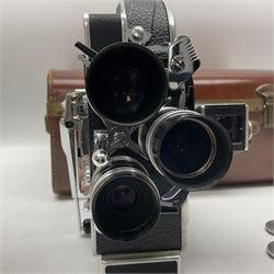 Paillard Bolex H8 RX4 cine camera body with turret for interchangeable lenses, serial no. 216071, with 'Macro Switar H8RX f1.4 36mm' lens, serial no.863406, 'Macro Switar H8RX f1.3 12.5mm' lens, serial no. 865770, 'Switar H8RX f1.6 5.5mm' lens, serial no. 937691 and RX fader, in fitted leather case