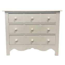 Small white painted pine three drawer chest