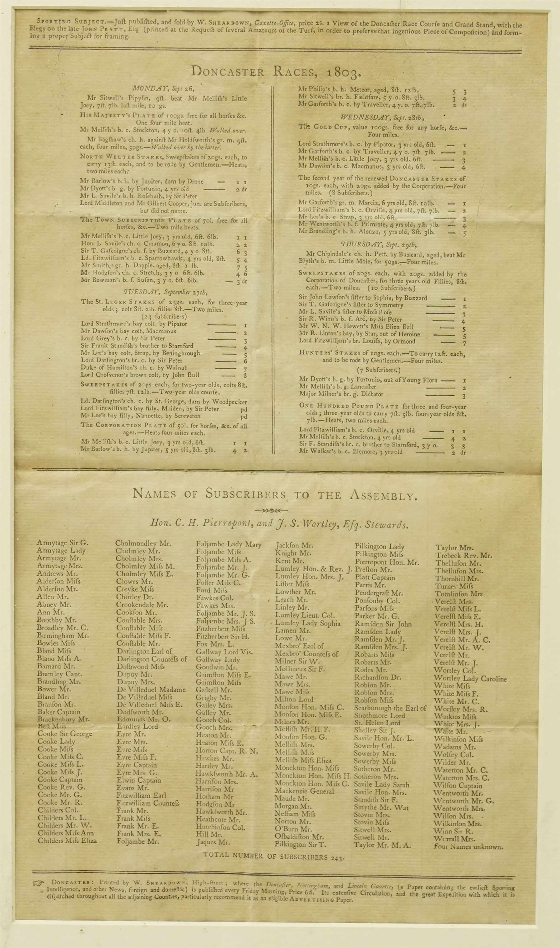 Two 18th century handbills for horses entered to run on Port-Meadow, near Oxford August 1762 listing the runners and owners etc each approx 30cm x 20cm , two other handbills for York races August 1805 and another for Doncaster races September 1803 in one frame 45cm x 116cm 
Provenance: property of a Nobleman