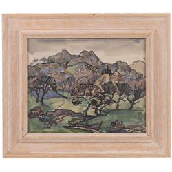 Helen Marguerite Steinthal (British 1911-1991): Forest Before the Hills, watercolour unsigned, attributed verso 23.5cm x 29cm; English School (Mid-20th Century): Bridge in the Town, watercolour unsigned 23cm x 28cm  (2)