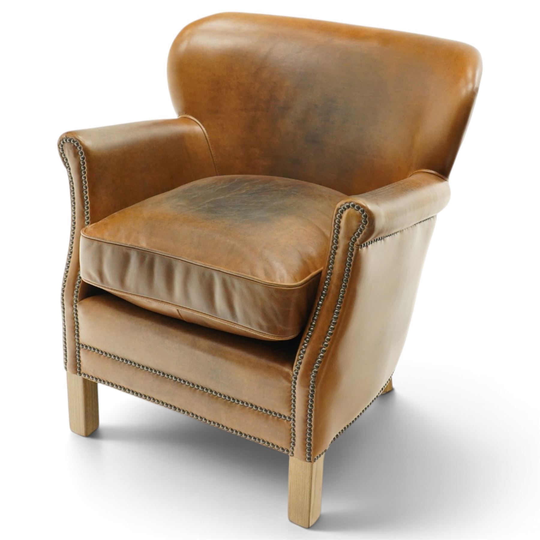 Halo - traditional tub design 'Cosy' club armchair, rolled arms with studwork terminals, upholstered in deep tan leather with loose seat cushion, on square supports