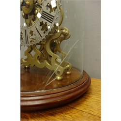  20th century Gothic style brass skeleton clock, with shaped silvered Roman chapter ring and single fusee movement, on circular plinth under glass dome, H42cm  