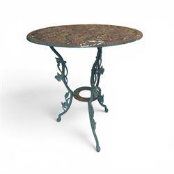 Cast iron garden table and four chairs, in the Art Nouveau style, with pierced floral and foliate decoration throughout, circular table raised on four cabriole legs with stretcher ring, chairs with shaped openwork backs and seats, in a weathered green finish
