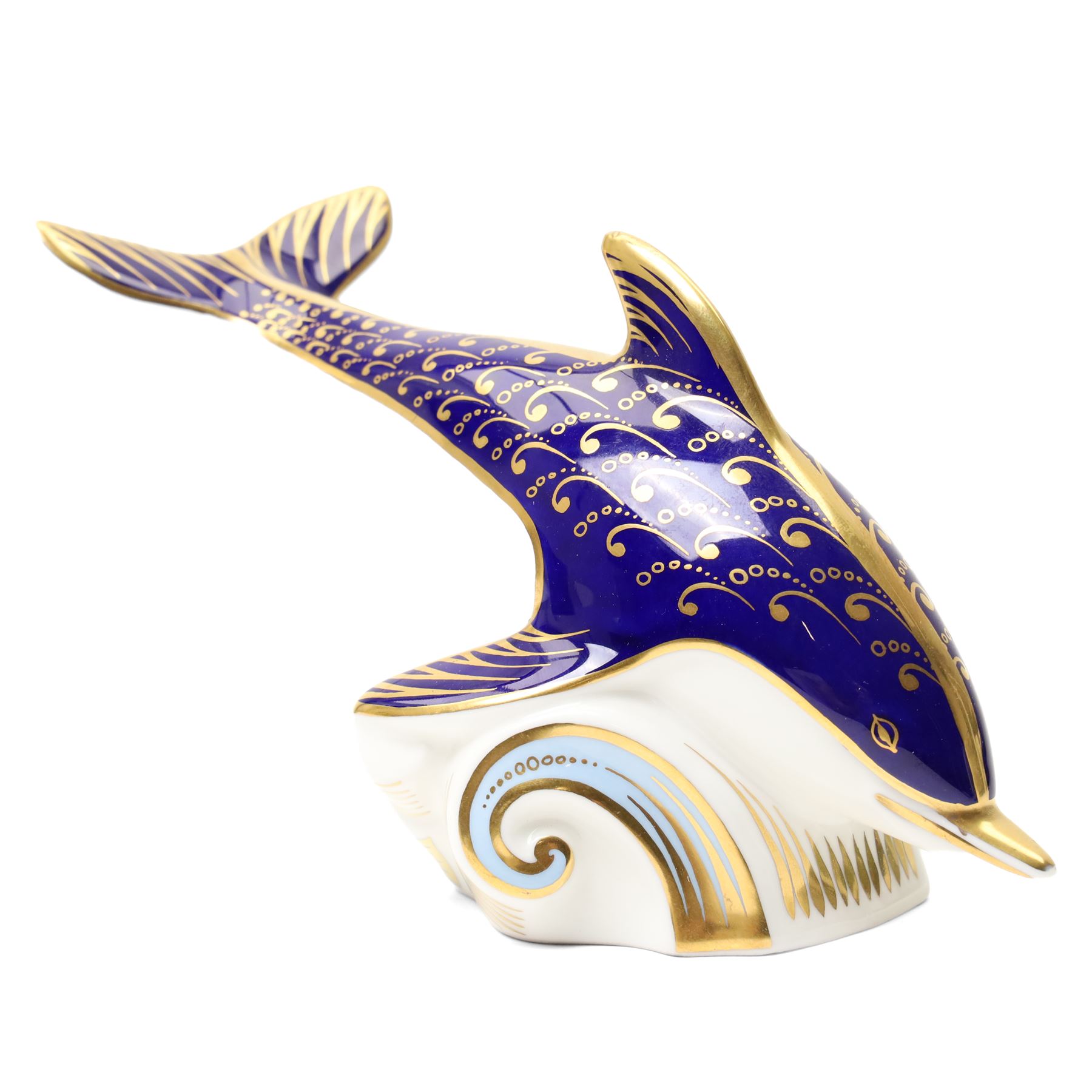 Moorcroft 'Wind of Change' pattern vase H13cm, boxed, Royal Crown Derby 'Striped Dolphin' limited edition paperweight 1166/1500, boxed and with certificate and another Dolphin paperweight, boxed and both with gold stoppers (3)  