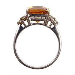 18ct white gold square cut synthetic orange sapphire and diamond ring, hallmarked