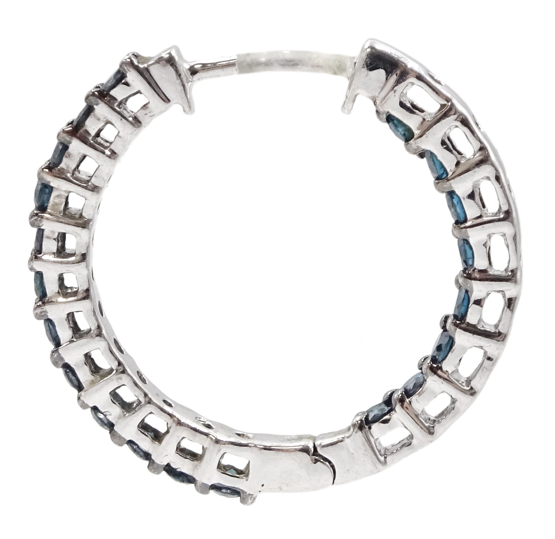 Pair of 9ct white gold blue diamond hoop earrings, hallmarked