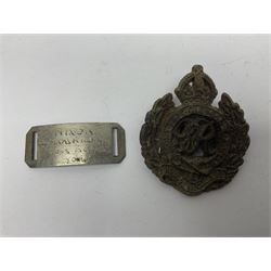 Made-up group of three WWI medals comprising 1914 Star awarded to 23598 Gnr. F. Jefferson R.G.A., British War Medal and Victory Medal with names removed; with ribbons on wearing bar; 1942 Motorist's Medal and small quantity of cap badges, Royalty badges etc