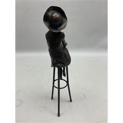 Art Deco style bronze modelled as a female figure seated cross legged upon a chair, after Pierre Collinet, signed and with foundry mark, H28cm
