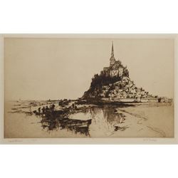 Frank Henry Mason (Staithes Group 1875-1965): 'Mount St. Michael', dry point etching signed and titled in pencil 40cm x 55cm (unframed) Provenance: from the estate of Christine Dexter and by descent from the artist's sister Eleanor Marie (Nellie)